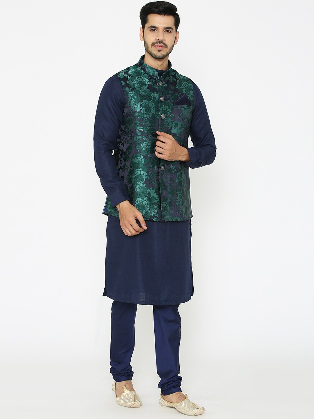 

Manyavar Men Blue Solid Kurta with Churidar & Nehru Jacket