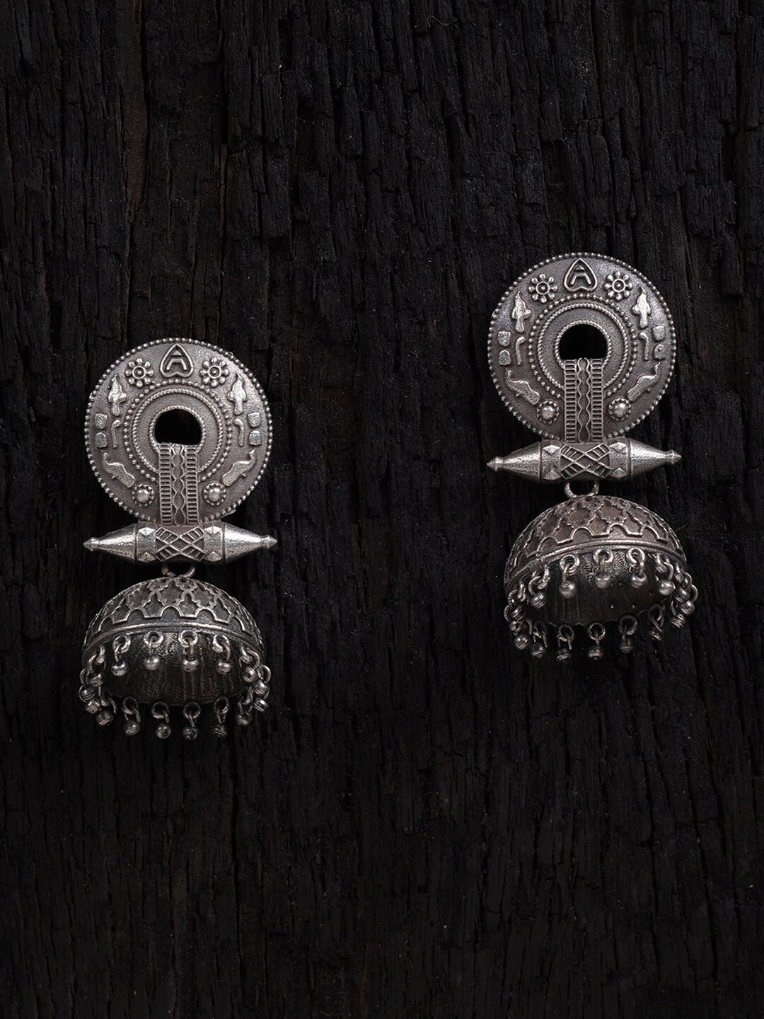 

Shoshaa Silver-Plated Oxidised Dome Shaped Jhumkas