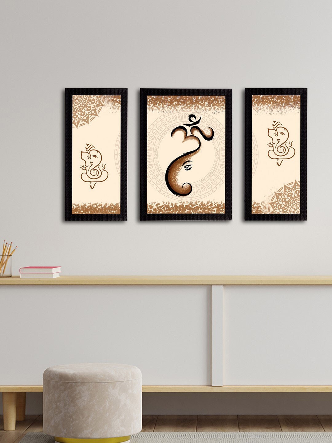 

eCraftIndia Set Of 3 Beige & Brown Lord Ganesha Satin Matt Texture UV Wall Art