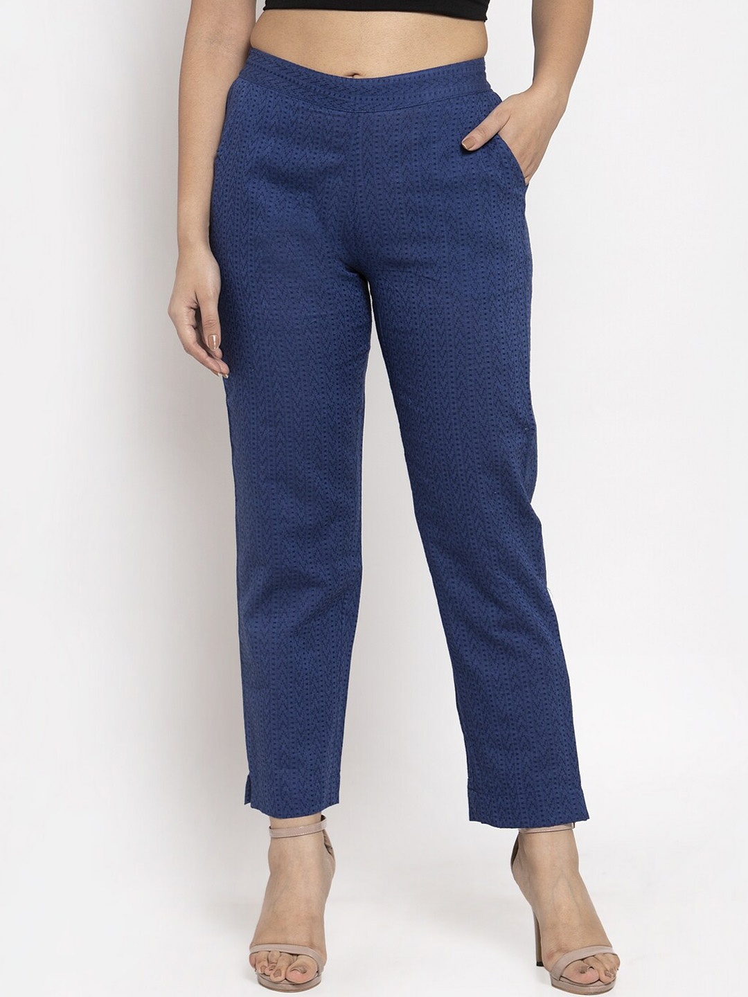 RAISIN Women Blue Regular Fit Printed Cigarette Trousers