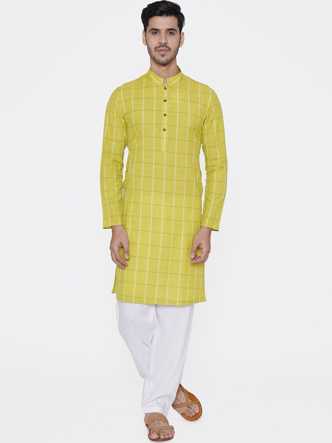 

Manyavar Men Green Checked Straight Kurta