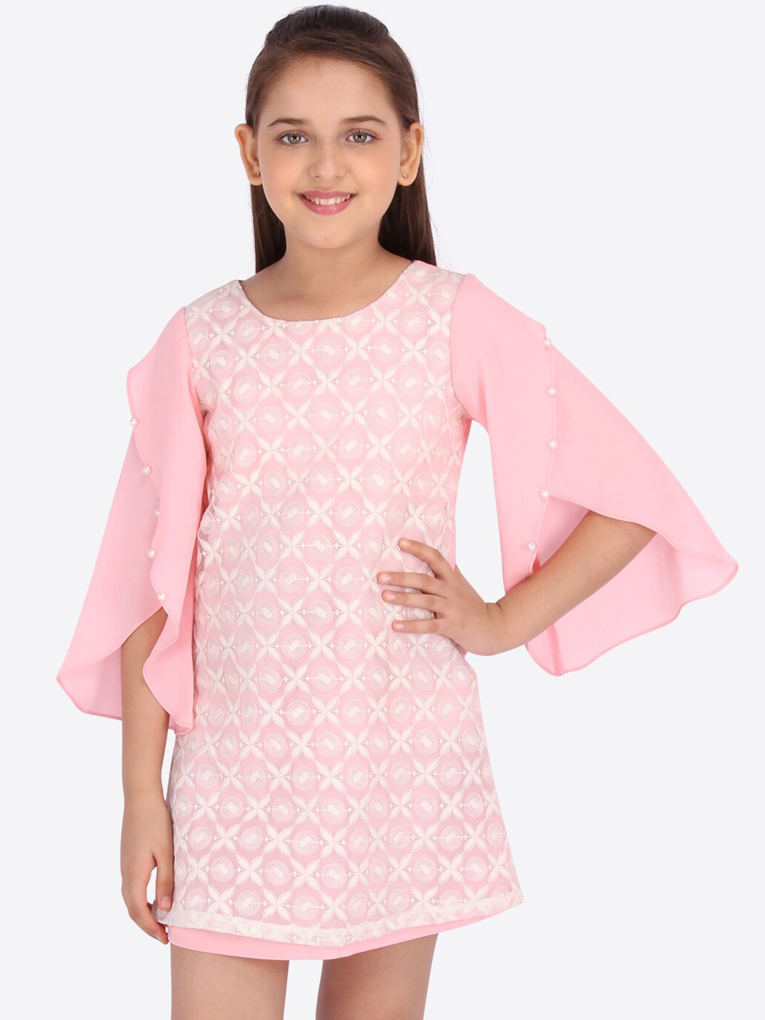 

CUTECUMBER Girls Pink & Off-White Embroidered A-Line Dress