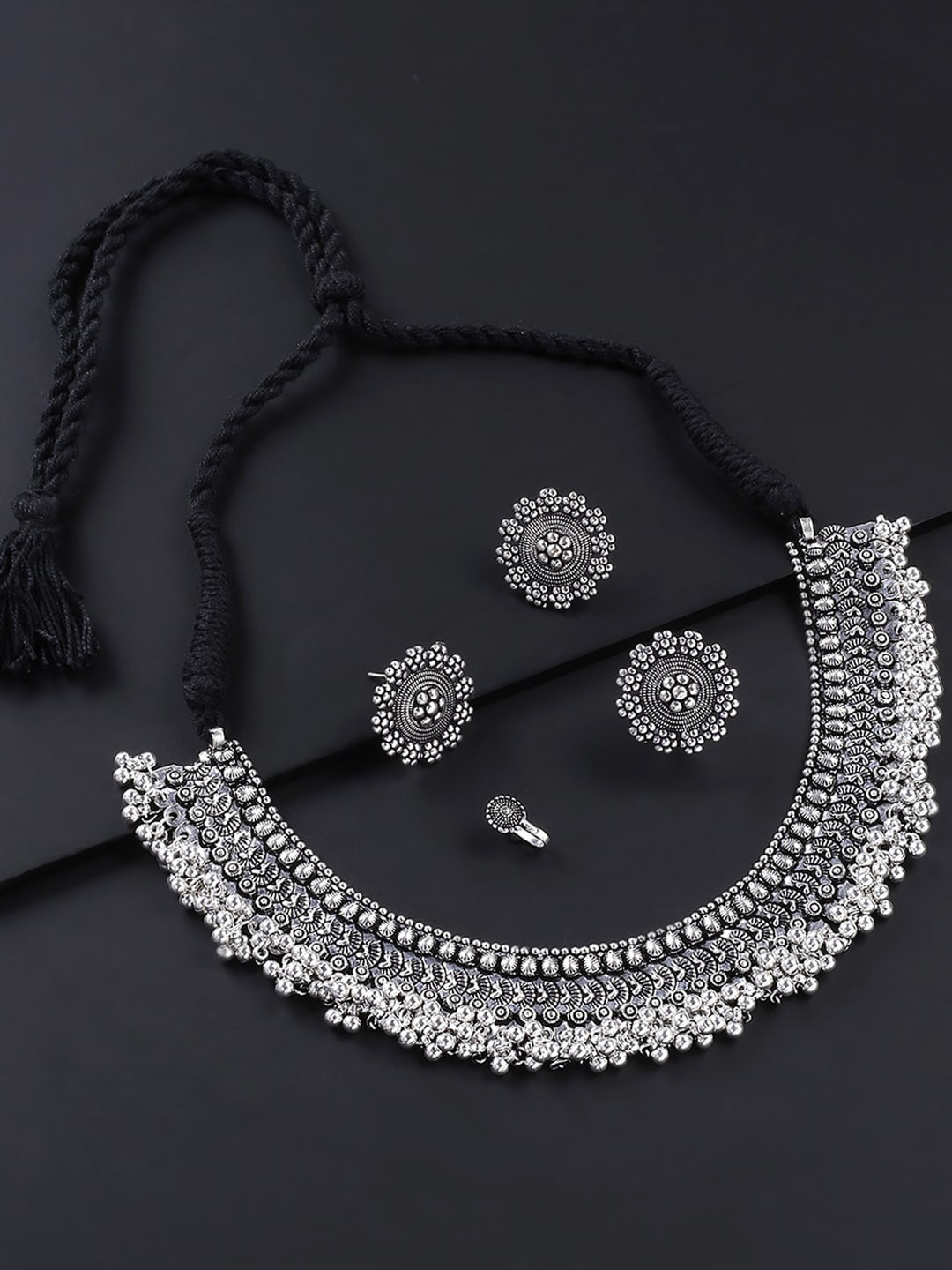 Yellow Chimes Oxidized Silver-Plated Choker Jewellery Set