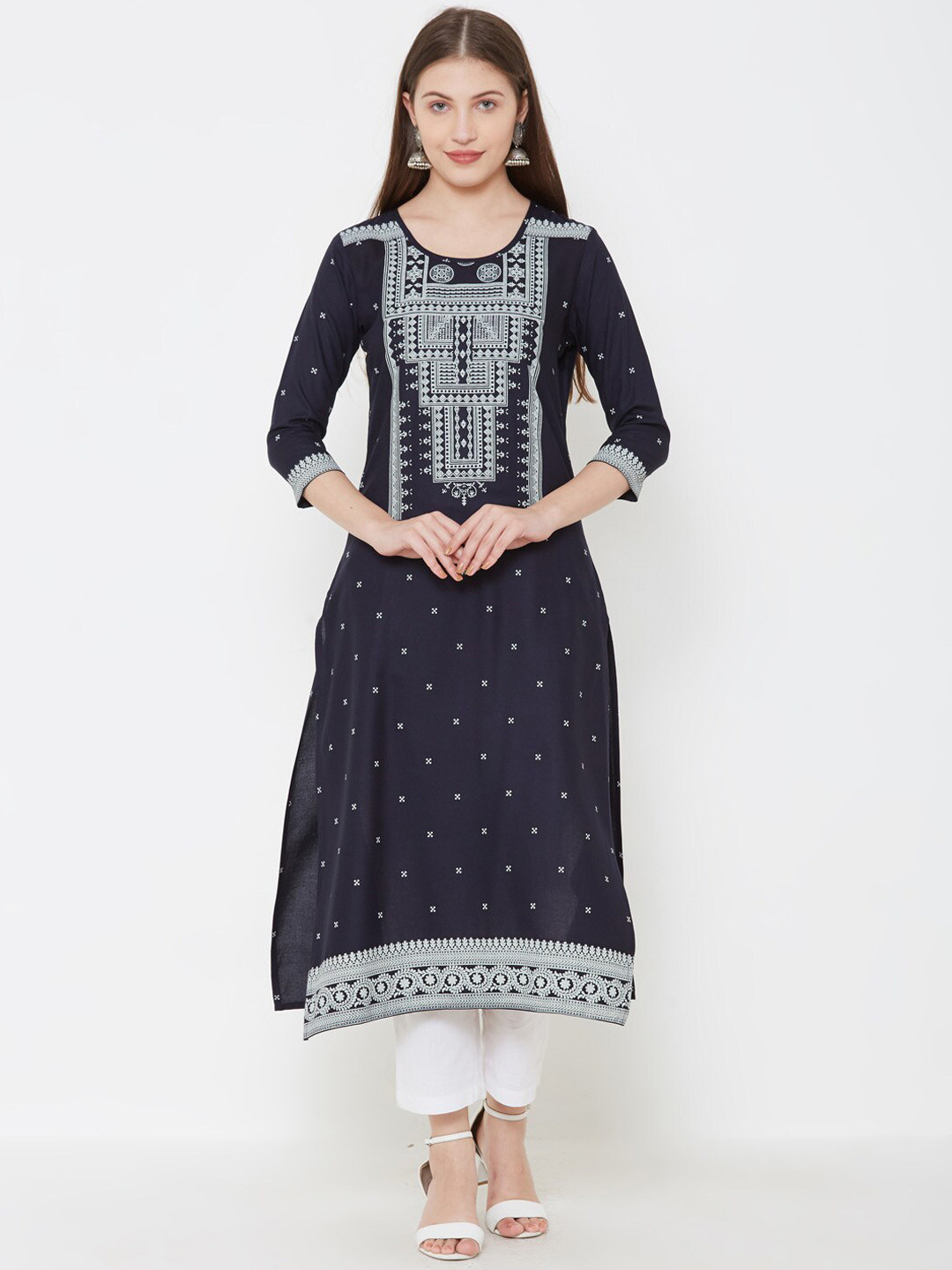 

FASHOR Women Navy Blue & Grey Printed Straight Kurta