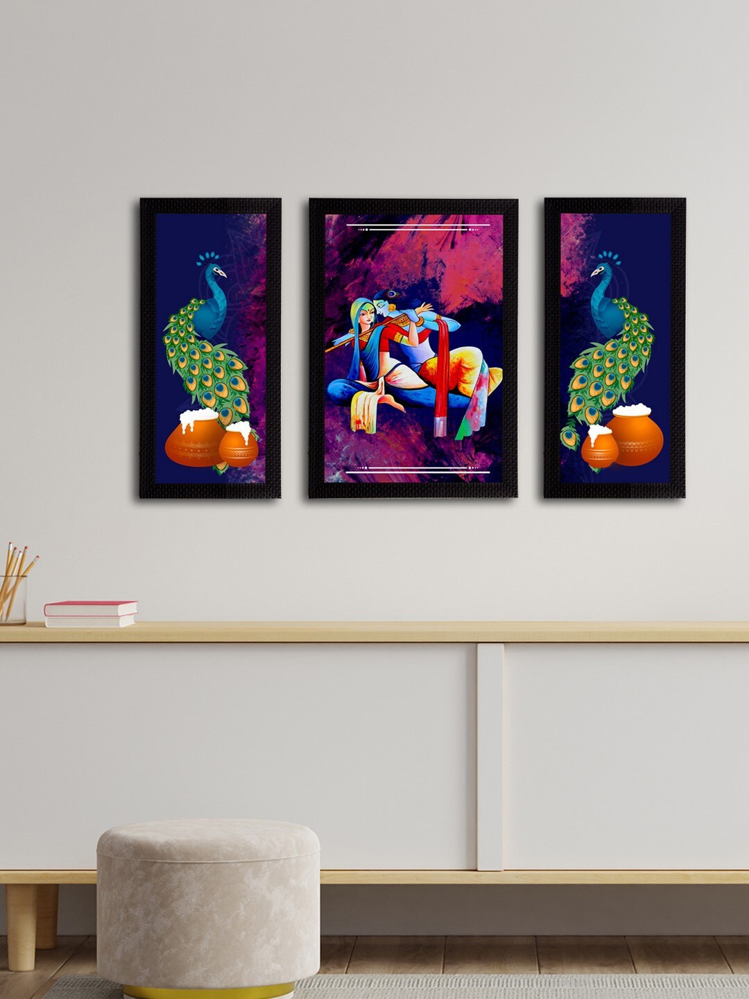 

eCraftIndia Set of 3 Blue & Pink Lord Krishna Satin Matt Textured UV Wall Arts