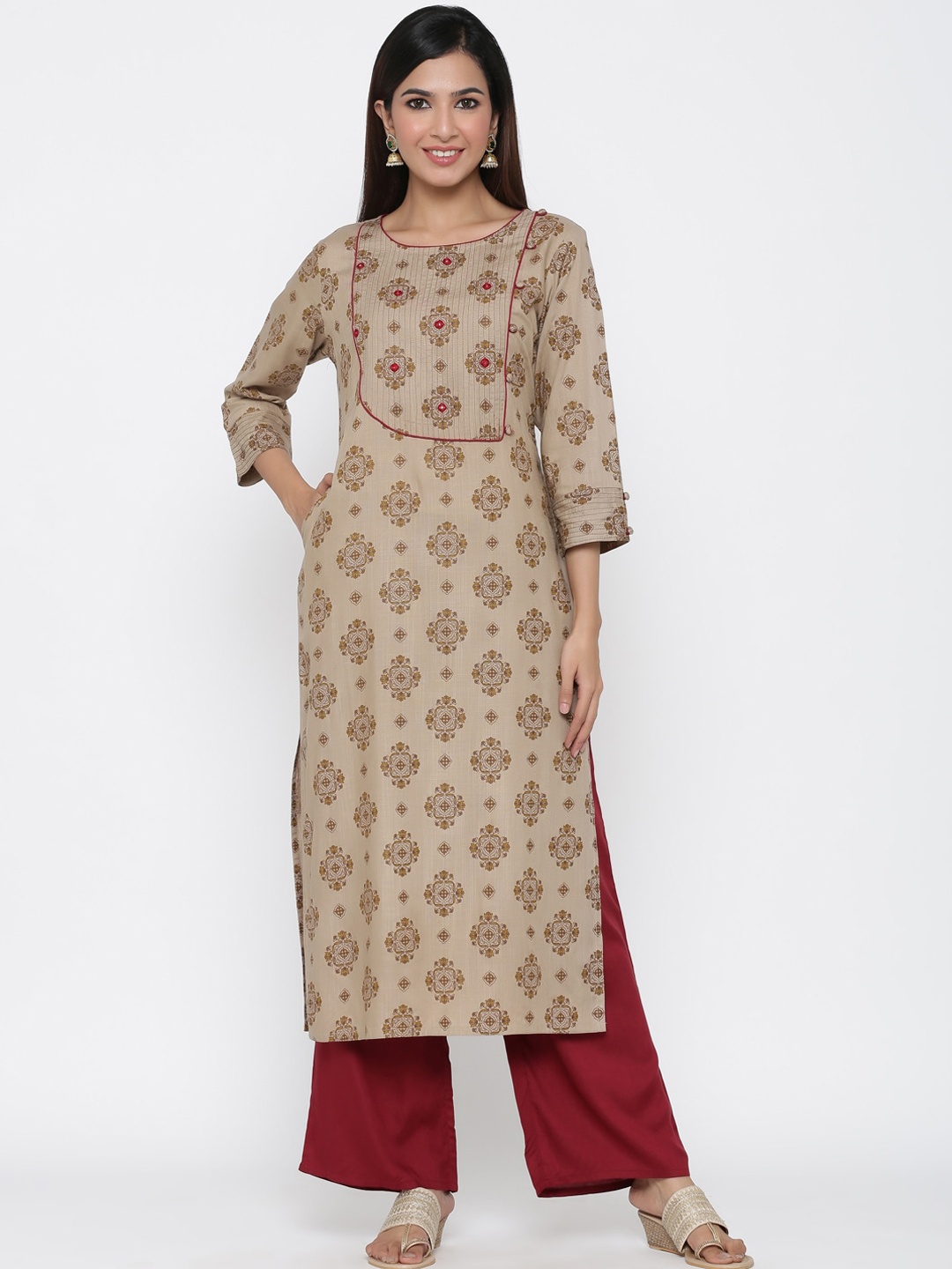 

Jaipur Kurti Women Khaki Printed Straight Kurta
