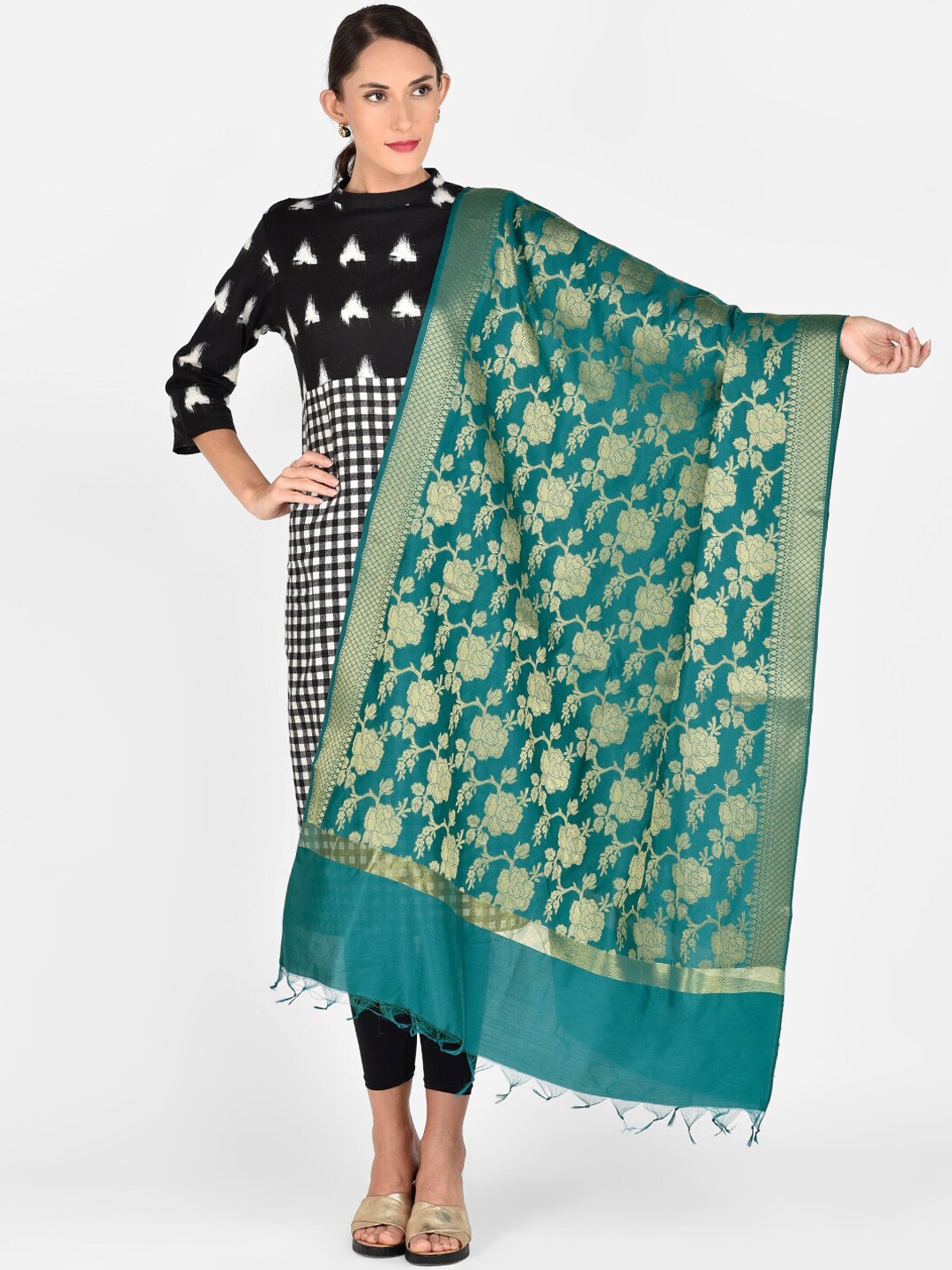 

Dupatta Bazaar Green & Gold-Toned Woven Design Dupatta