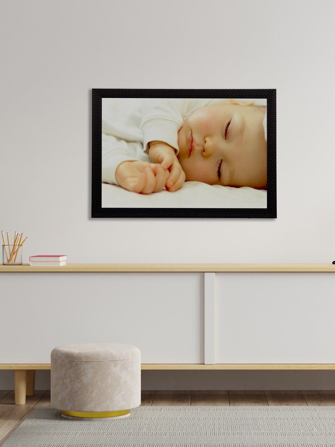 

eCraftIndia Black & White Cute Baby Satin Matt Textured UV Wall Art