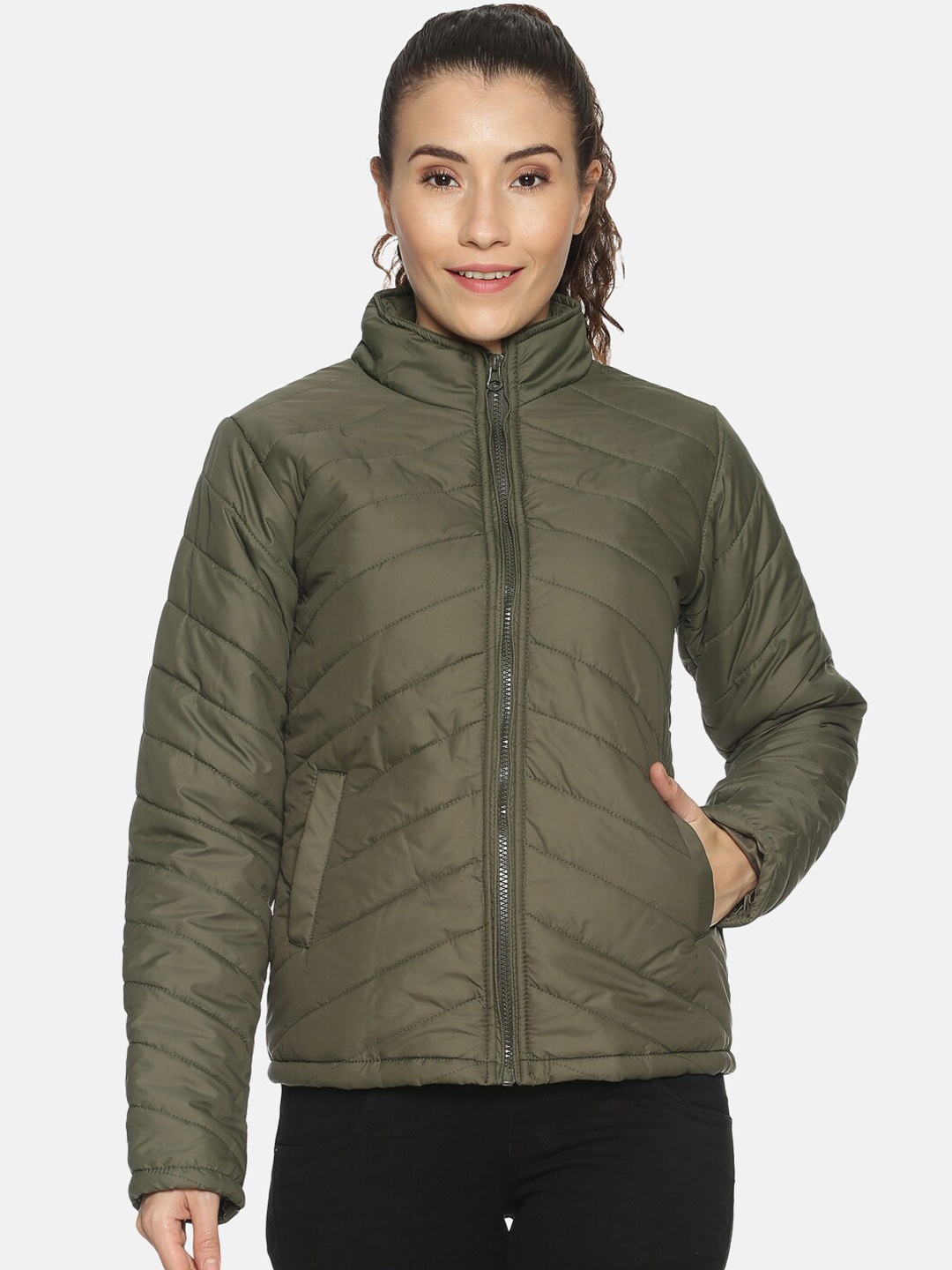

Campus Sutra Women Olive Green Solid Windcheater Padded Jacket