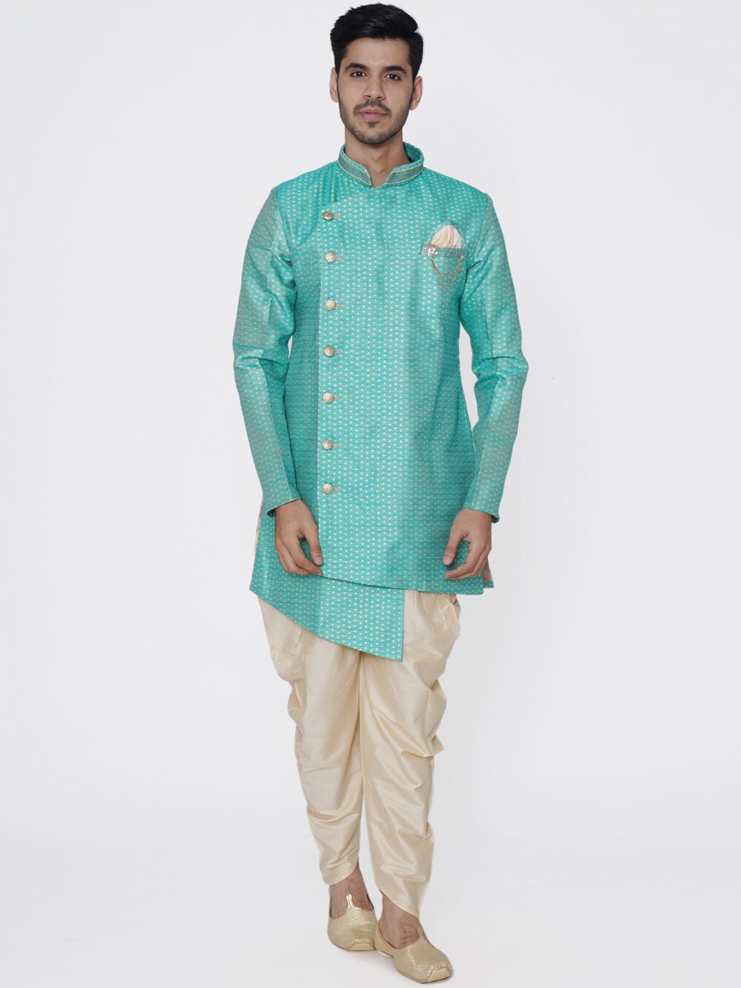 

Manyavar Men Turquoise Blue & Beige Self Design Kurta with Dhoti Pants