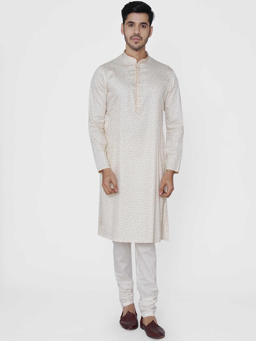 

Manyavar Men Beige Embroidered Kurta with Churidar