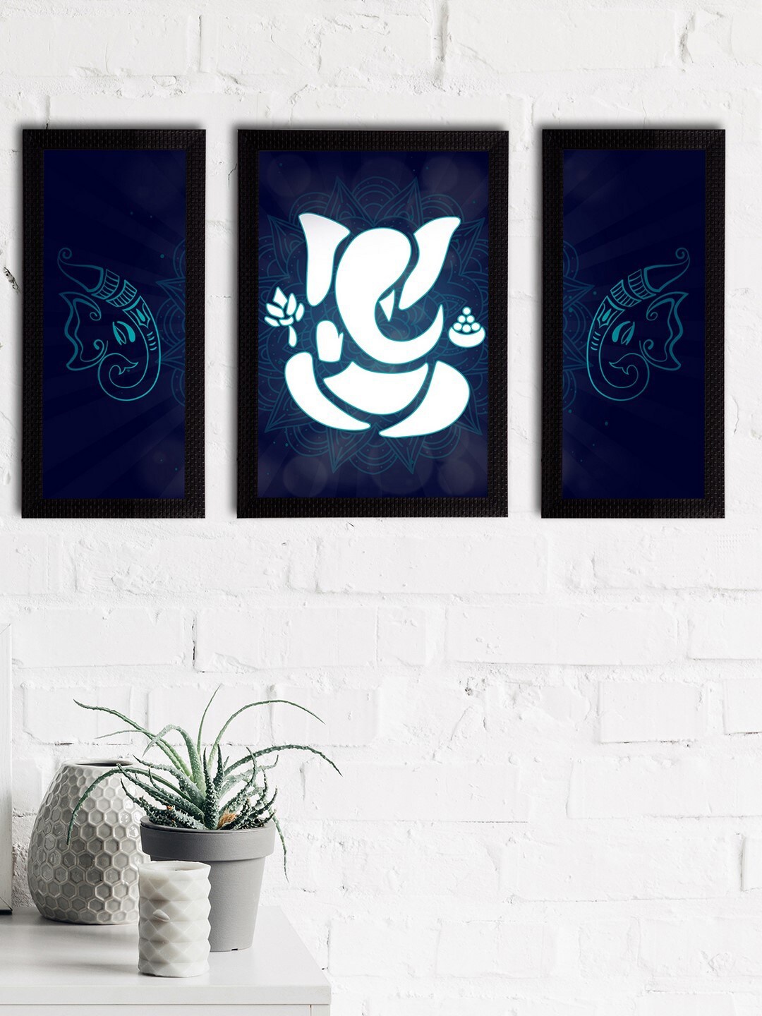 eCraftIndia Set of 3 Blue & White Lord Ganesha Satin Matt Textured UV Wall Arts
