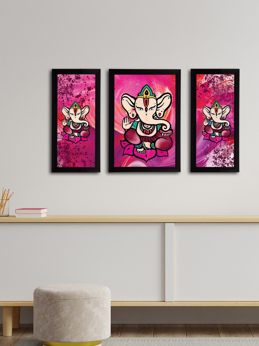 eCraftIndia Set of 3 Pink & Green Lord Ganesha Satin Matt Textured UV Wall Arts