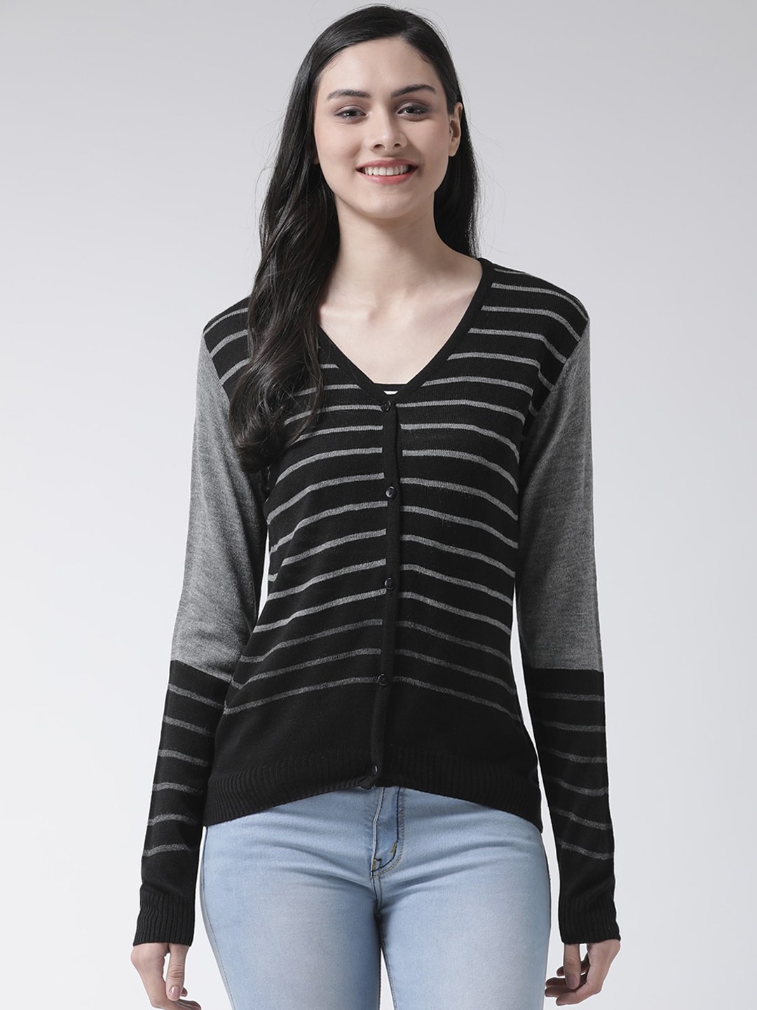 

Club York Women Black & Grey Colourblocked Cardigan Sweater
