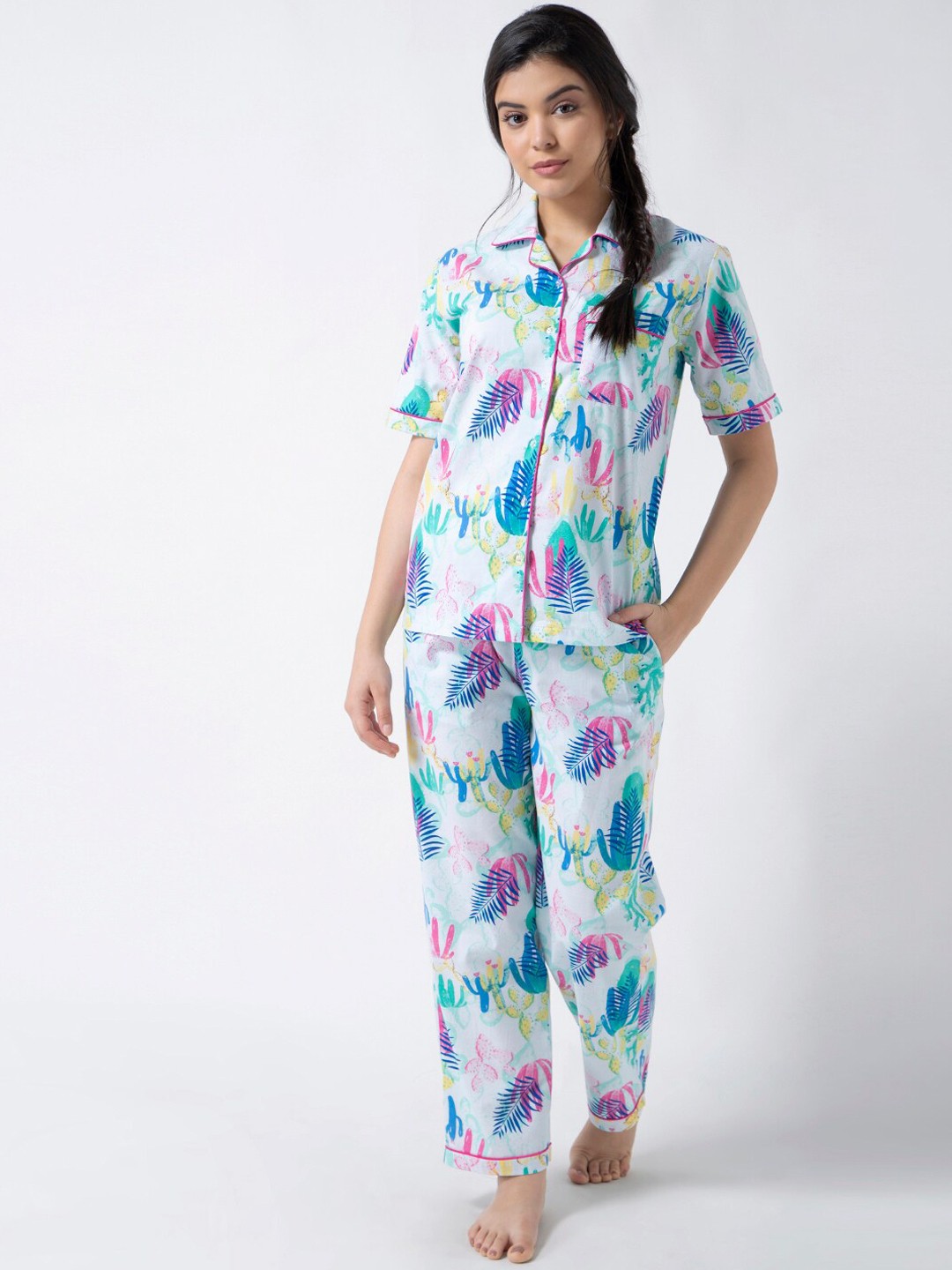 

ADORENITE Women White & Blue Printed Night suit