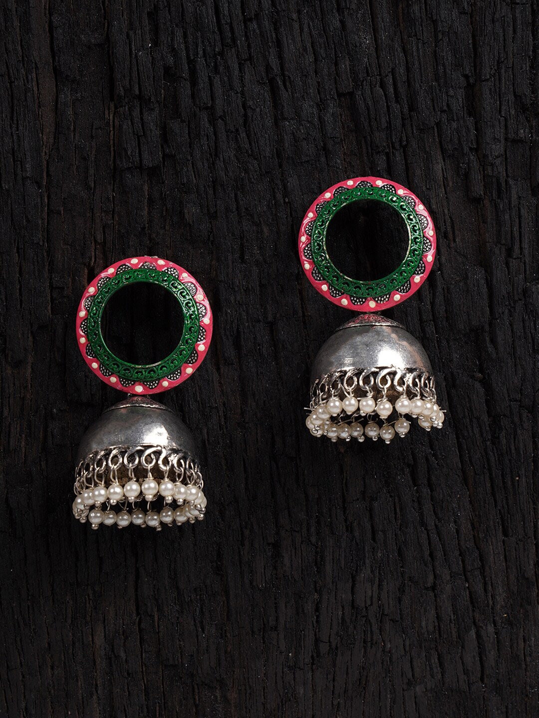 

Shoshaa Silver-Plated & Green Dome Shaped Jhumkas