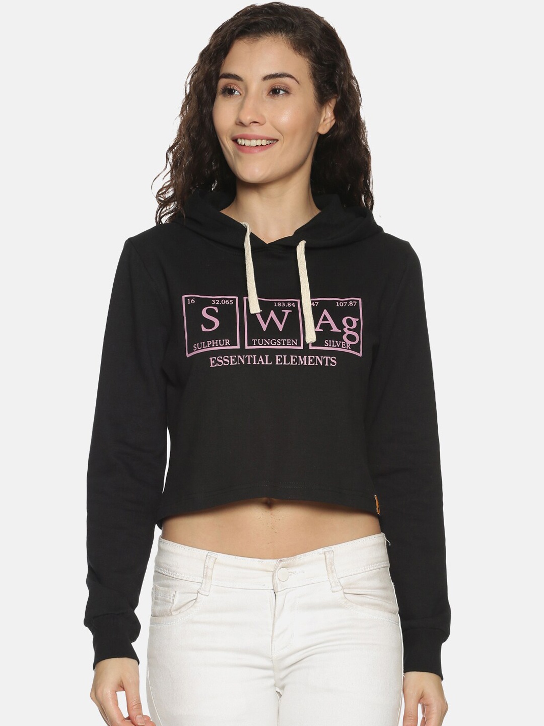 

Campus Sutra Women Black Printed Hooded Sweatshirt