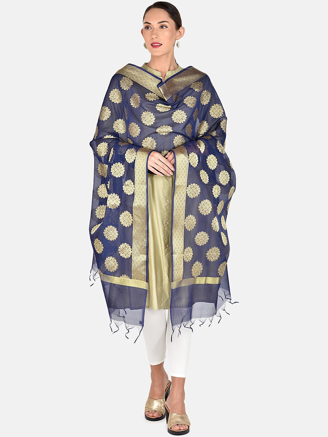 

Dupatta Bazaar Navy Blue & Gold-Toned Woven Design Dupatta