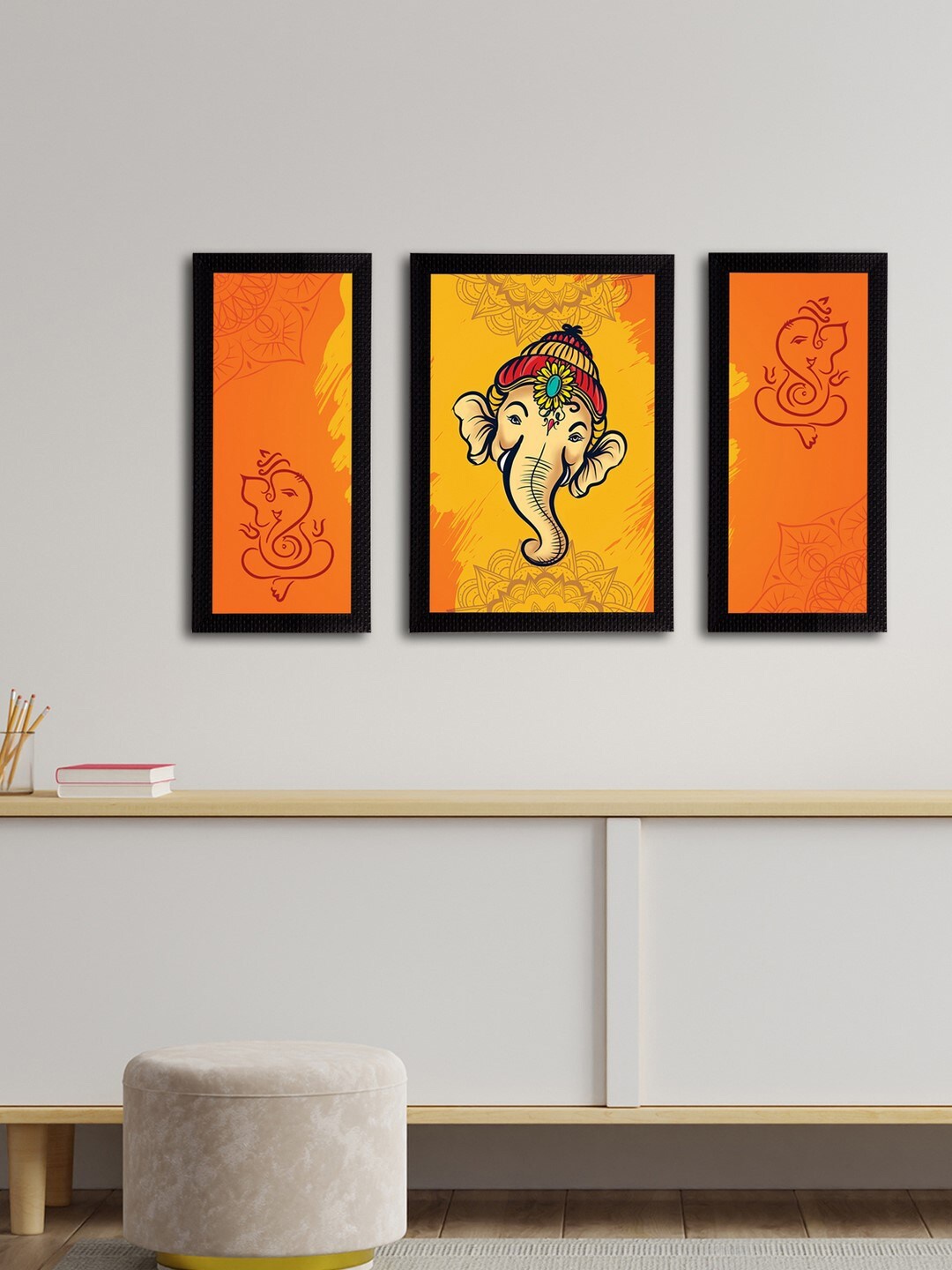 

eCraftIndia Set of 3 Orange & Yellow Lord Ganesha Satin Matt Textured UV Wall Arts