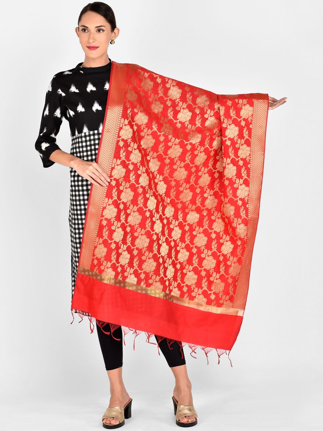 

Dupatta Bazaar Red & Gold-Toned Woven Design Dupatta