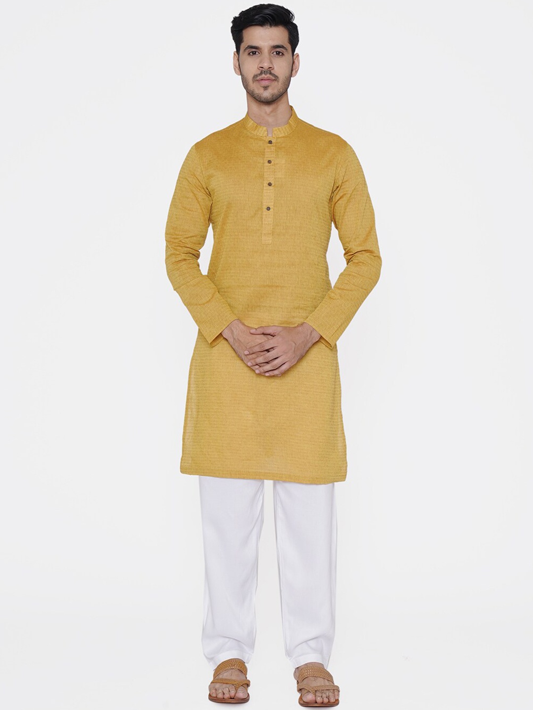 Manyavar Men Yellow Woven Design Straight Kurta