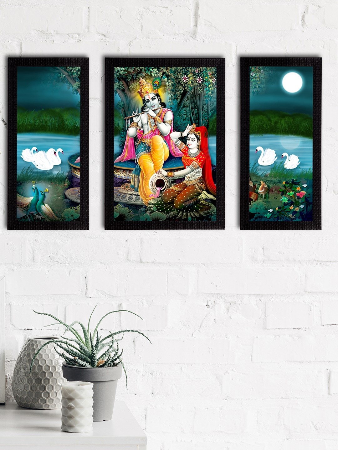 eCraftIndia Set of 3 Multicoloured Radha Krishna Satin Matt Texture UV Art Paintings, Multi