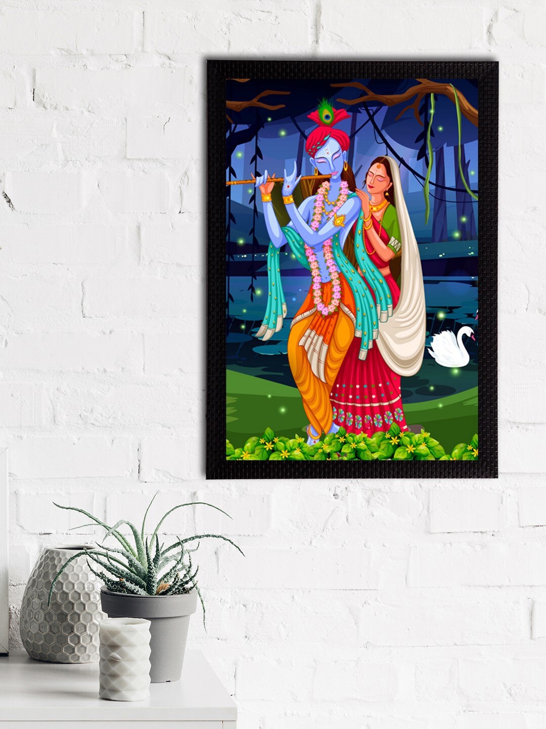 eCraftIndia Blue & Green Lord Krishna Satin Matt Textured UV Wall Art