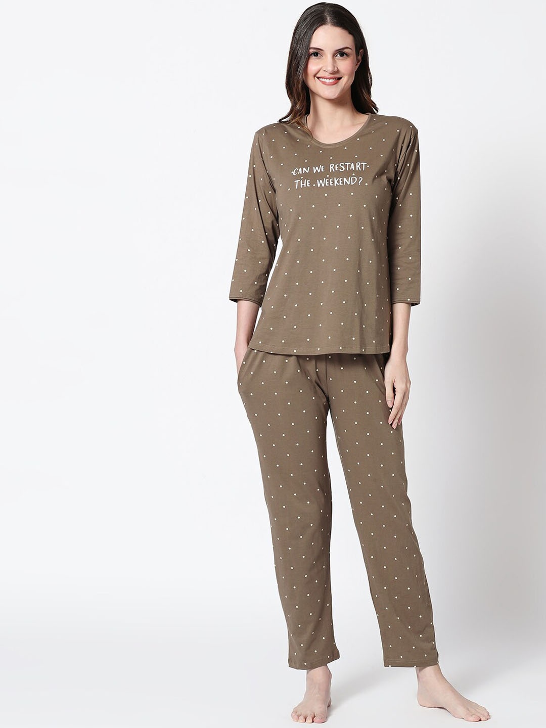 

Zeyo Women Brown Printed Night suit