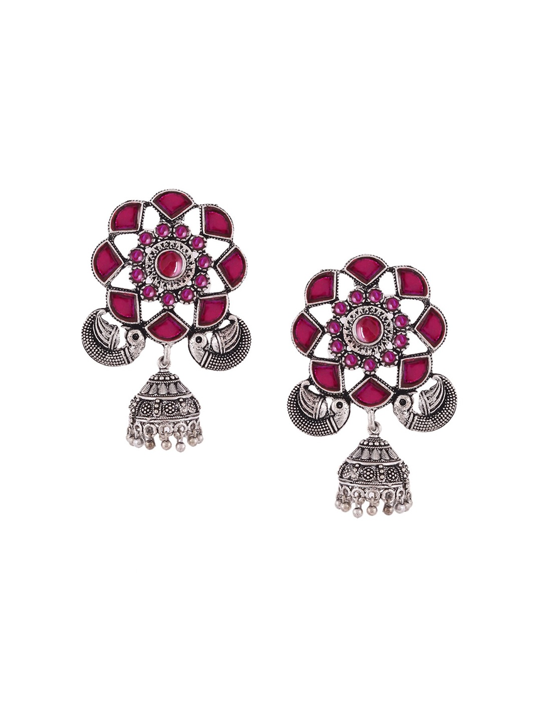 

Silvermerc Designs Silver-Plated & Red Floral Jhumkas