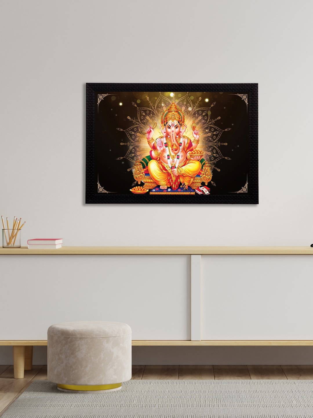 eCraftIndia Black & Yellow Lord Ganesha Satin Matt Textured UV Wall Art