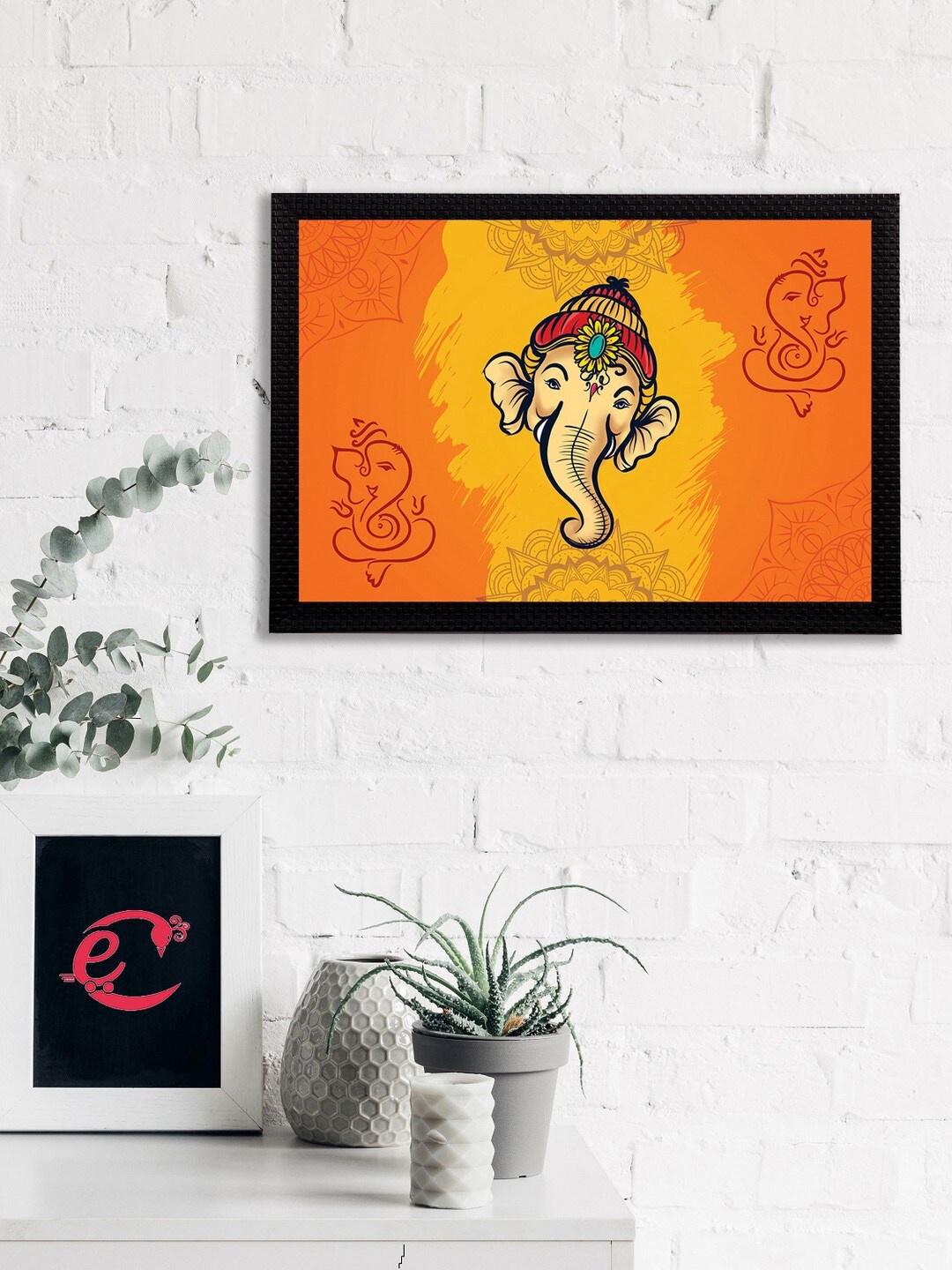 

eCraftIndia Orange & Yellow Lord Ganesha Satin Matt texture UV Wall Art, Multi