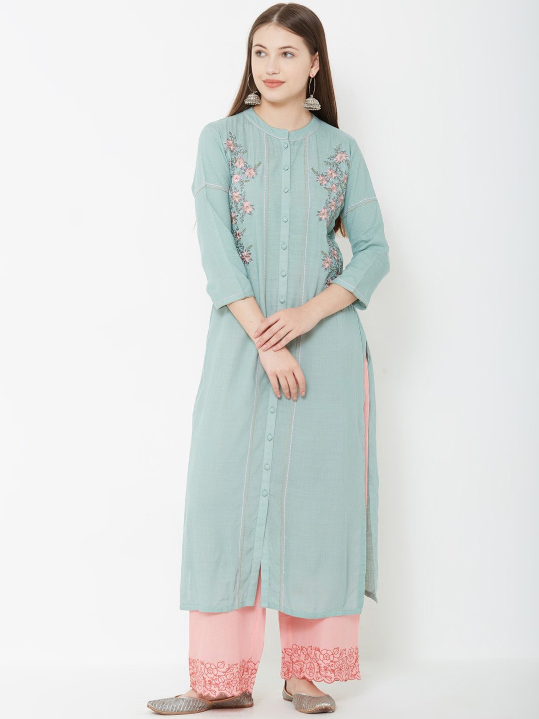 

FASHOR Women Green & Pink Embroidered Straight Kurta