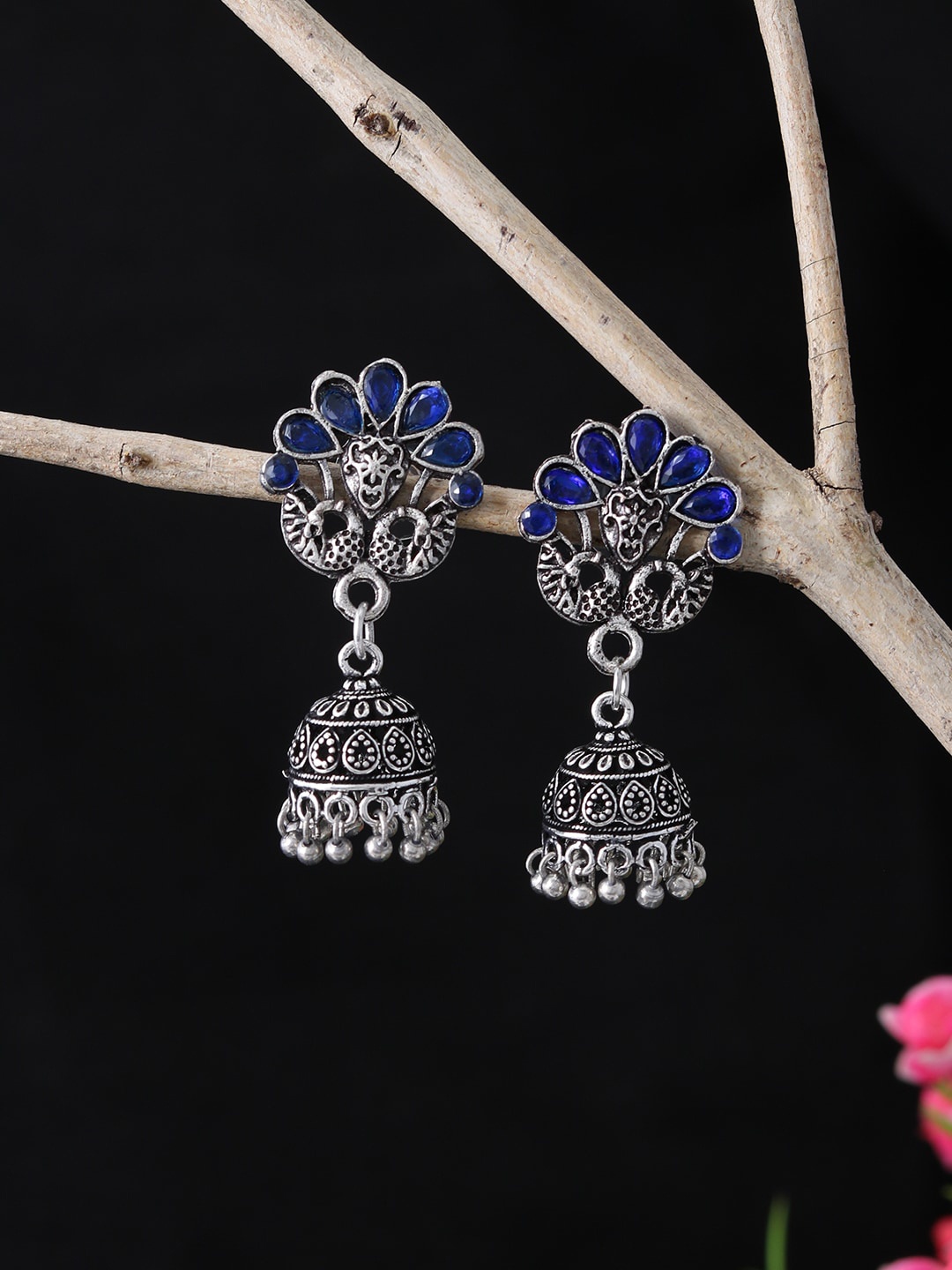 

Silvermerc Designs Silver-Toned & Blue Dome Shaped Jhumkas