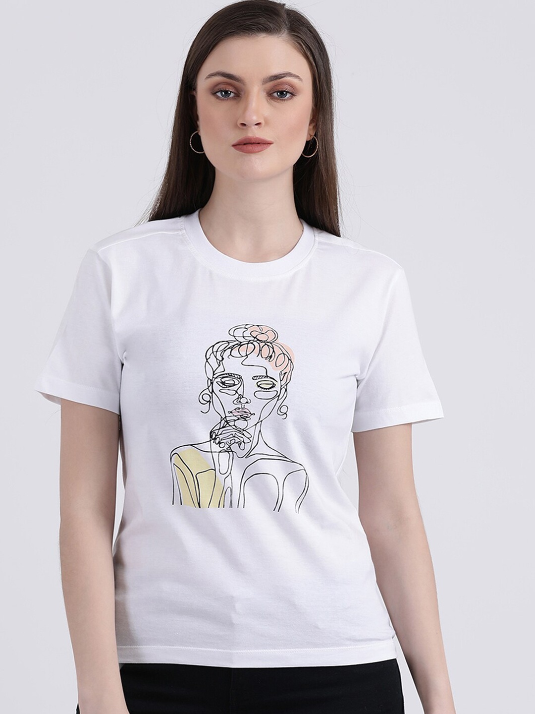 

Zink London Women White Printed Round Neck T-shirt