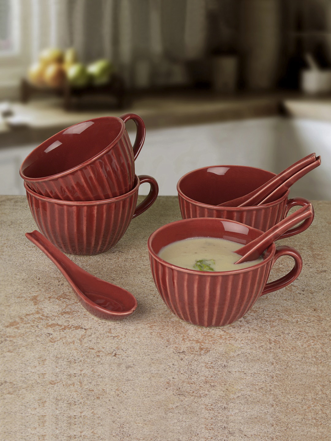 StyleMyWay Set Of 4 Maroon Striped Soup Cups with Spoons