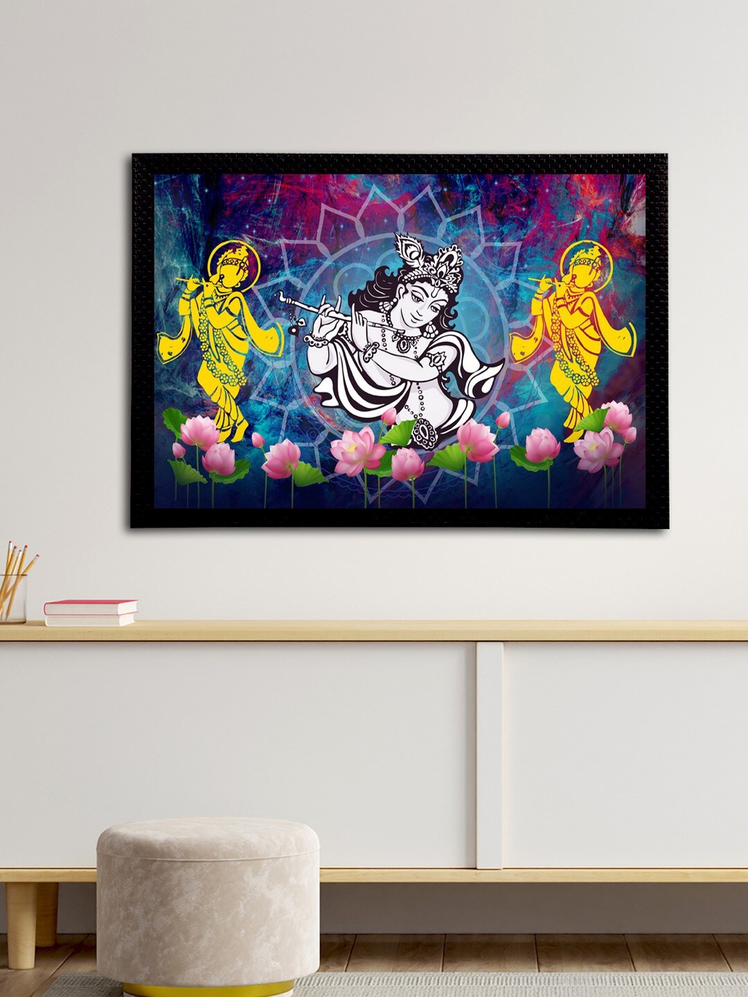 eCraftIndia Blue & Grey Lord Krishna Satin Matt Textured UV Wall Painting