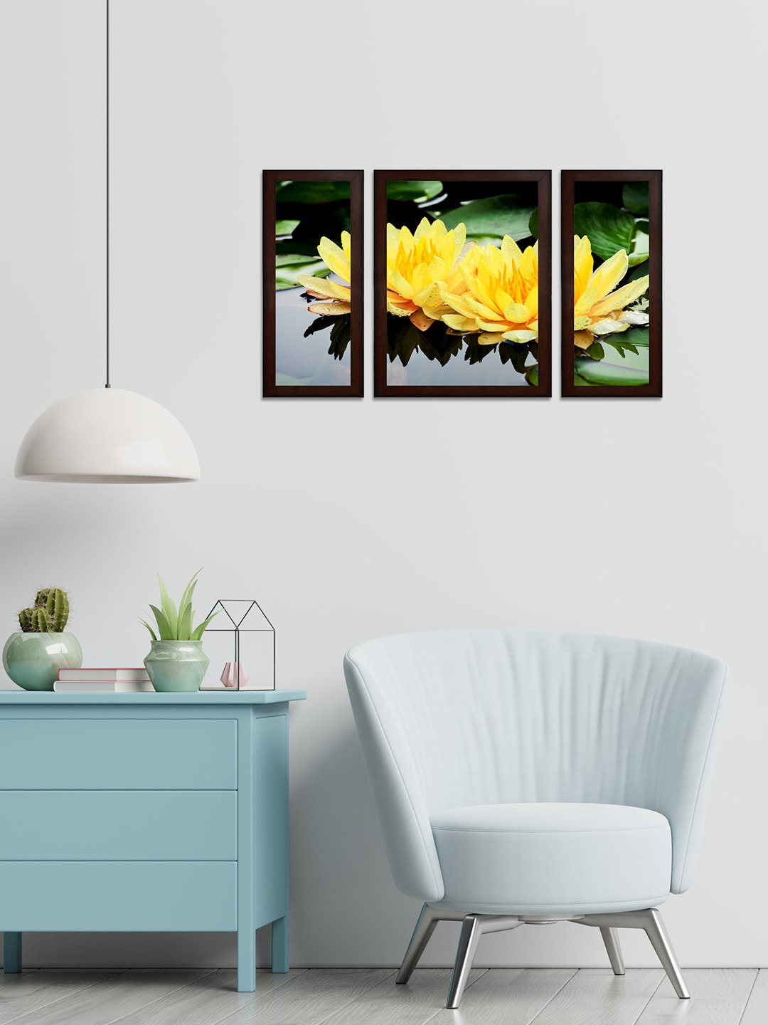 WENS Set of 3 Yellow & Green Lotus MDF Wall Arts