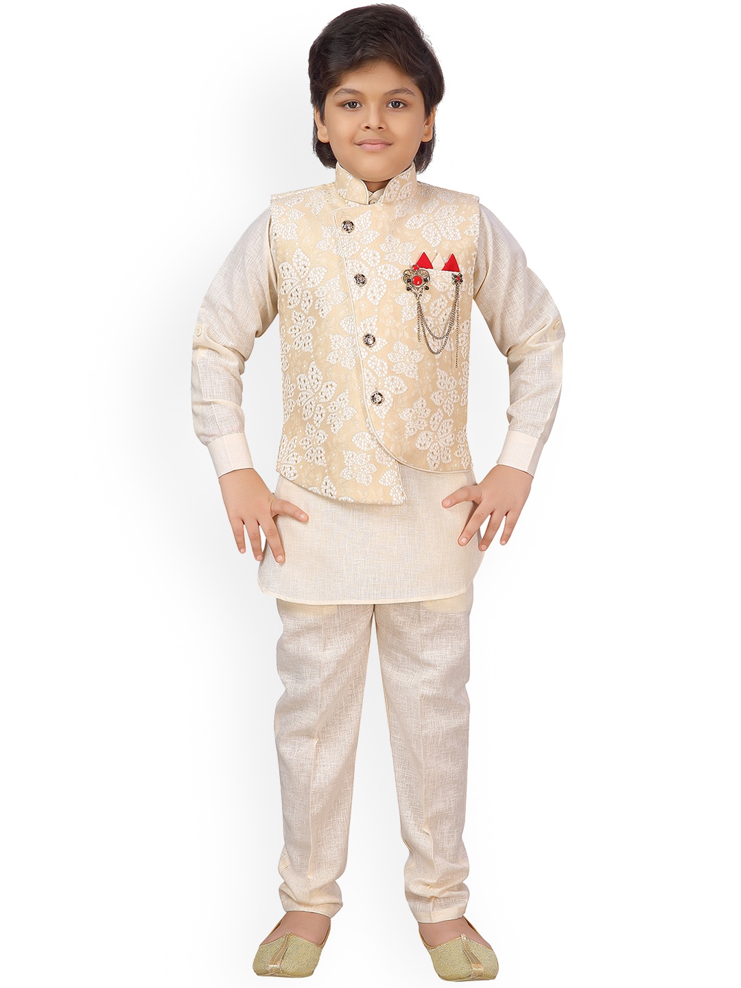 

Aj DEZInES Boys Beige Embroidered Kurta with Pyjamas & Nehru Jacket