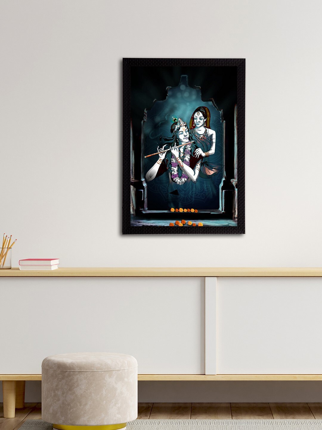 eCraftIndia Teal Blue & Black Lord Krishna Satin Matt Texture UV Art Painting