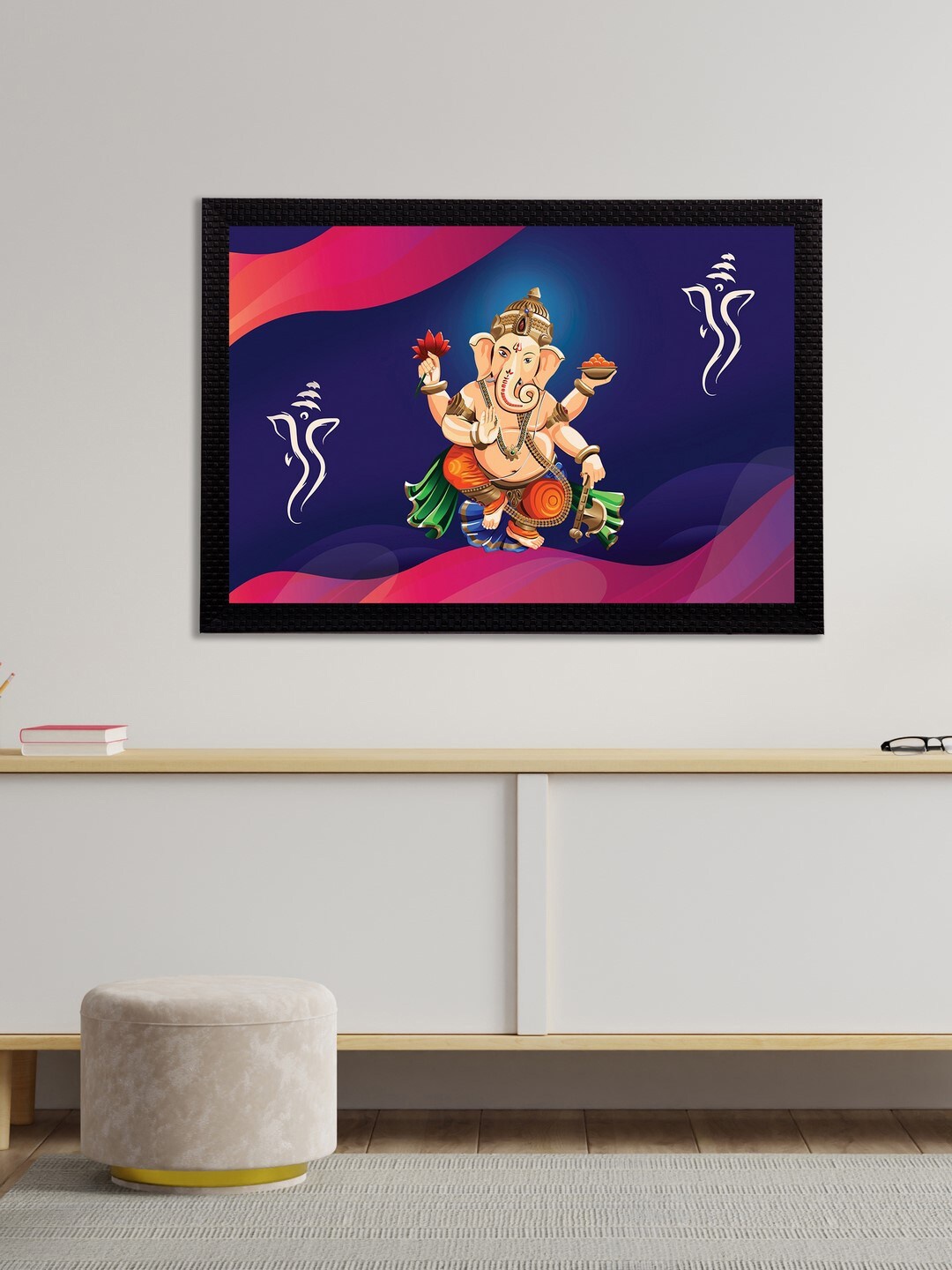 eCraftIndia Blue & Pink Lord Ganesha Satin Matt Texture Framed UV Wall Art Painting