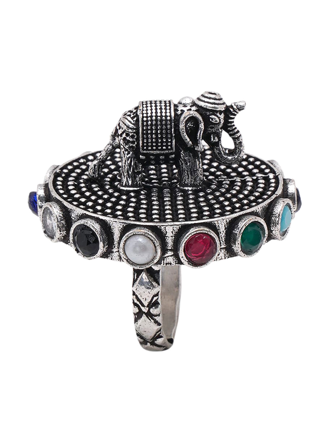 

Shoshaa Silver-Plated Red & white Stone-Studded Handcrafted Finger Ring