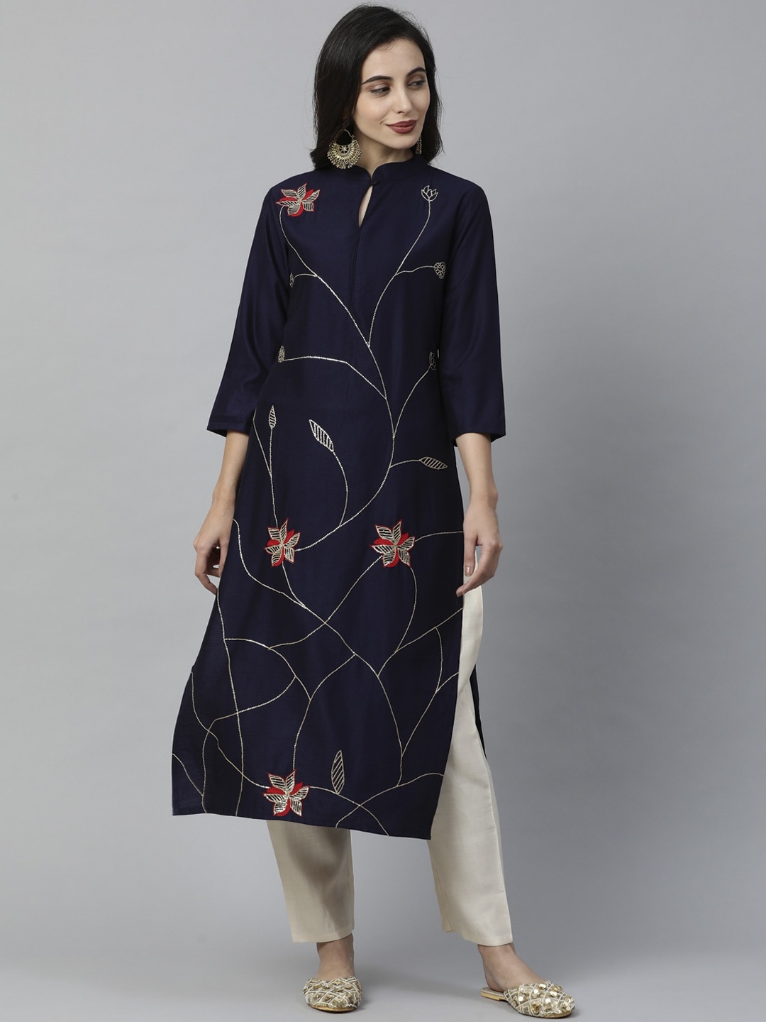 

Indo Era Women Navy Blue & Beige Embroidered Kurta with Trousers