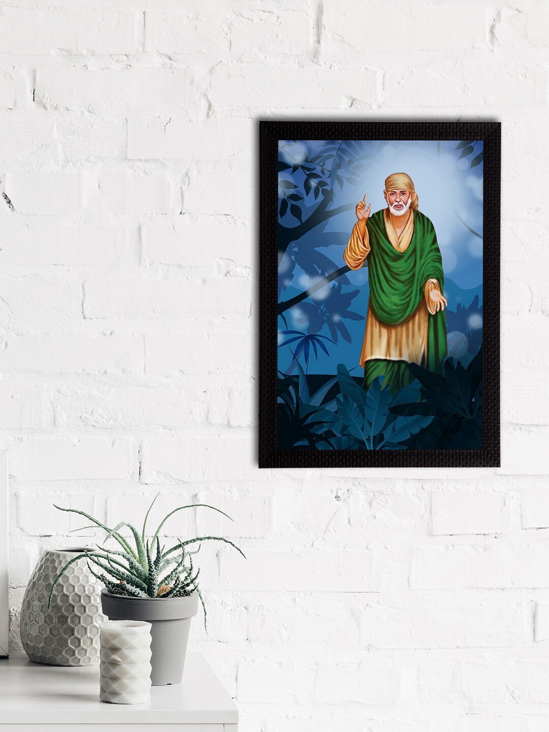 

eCraftIndia Blue & Green Sai Baba Satin Matt Textured UV Wall Painting