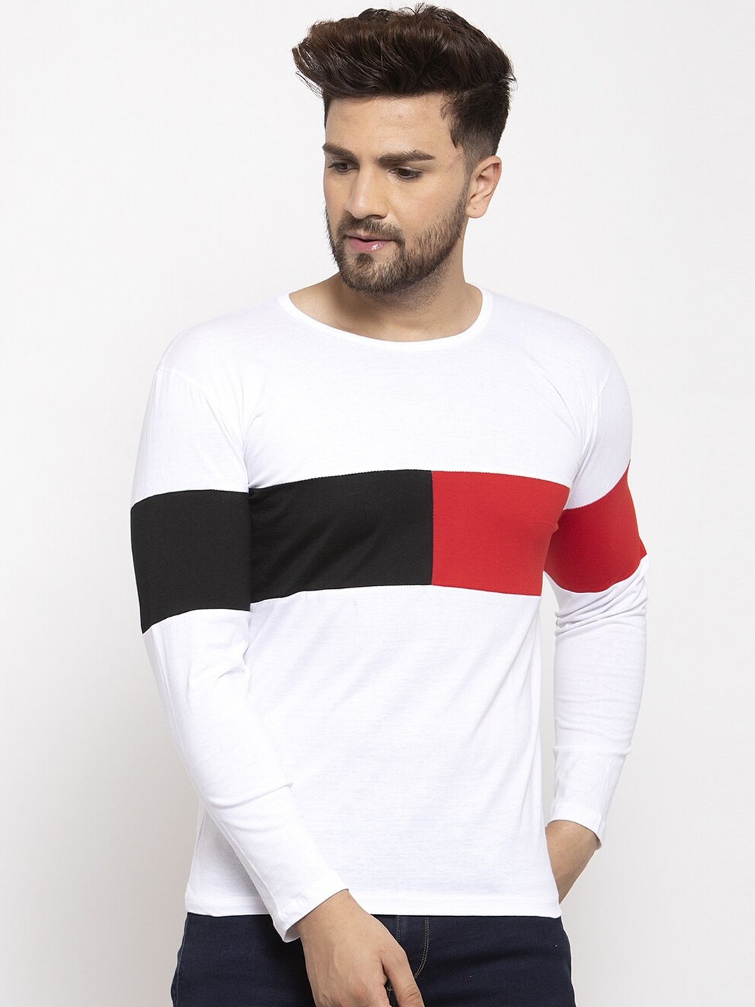 

KATSO Men White Colourblocked Henley Neck T-shirt