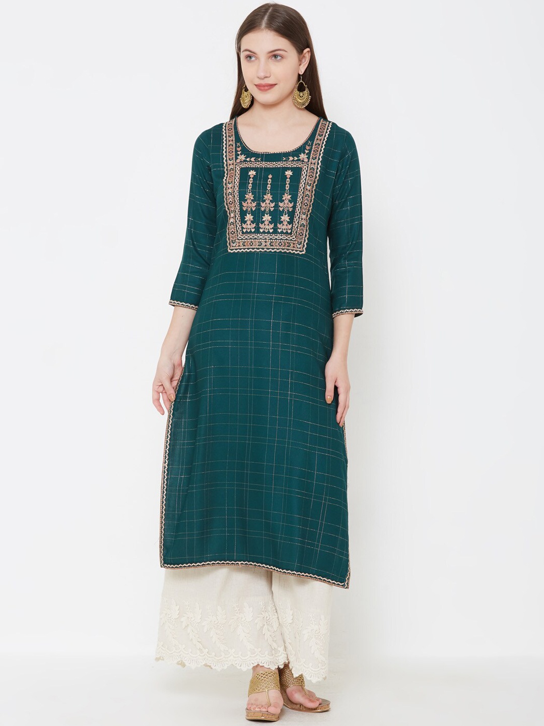 

FASHOR Women Green & Beige Embroidered Straight Kurta