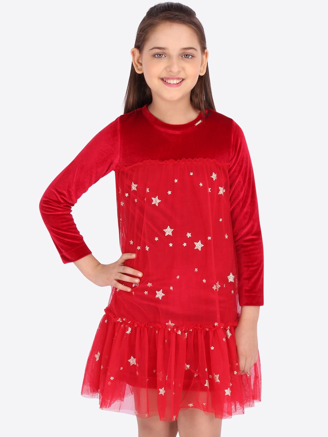 

CUTECUMBER Girls Red Embellished Drop-Waist Dress