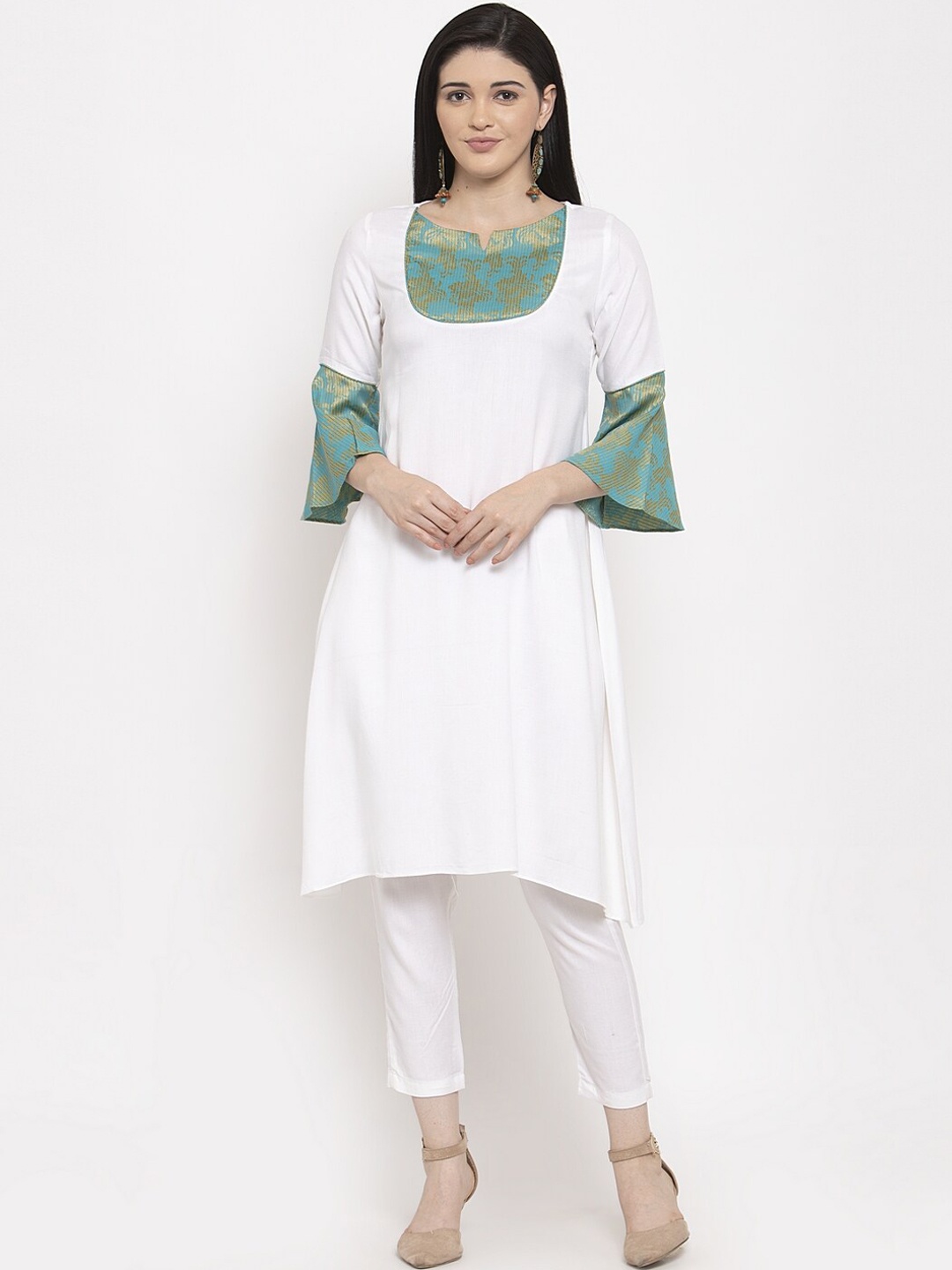 

DUGRI BE THE ONE Women White & Blue Yoke Design Kurta with Trousers