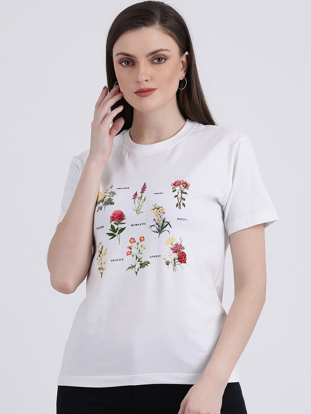

Zink London Women White Red Floral Printed Round Neck Pure Cotton T-shirt