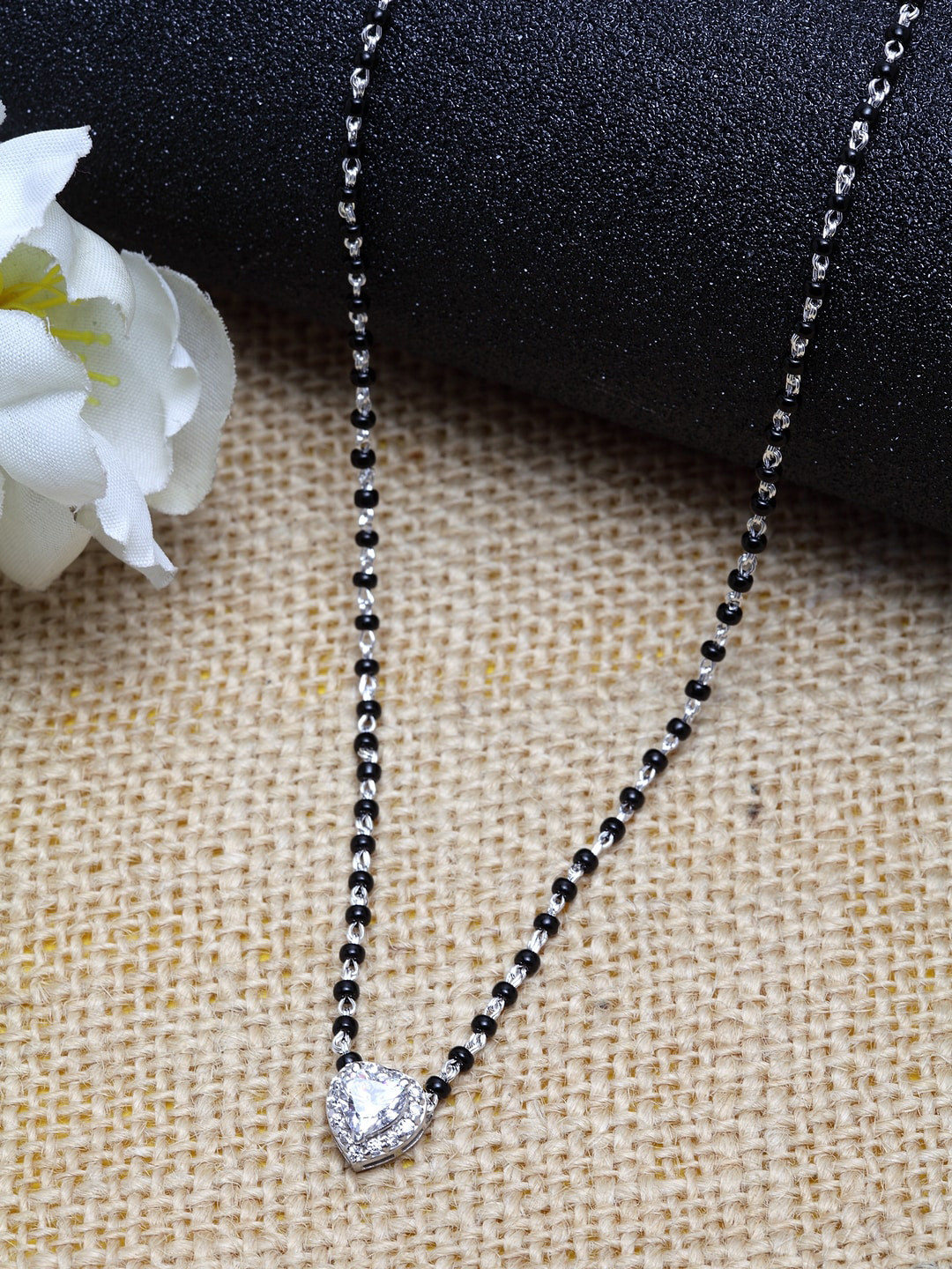 

Clara 925 Sterling Silver Rhodium-Plated Black & White Zirconia-Studded Beaded Mangalsutra