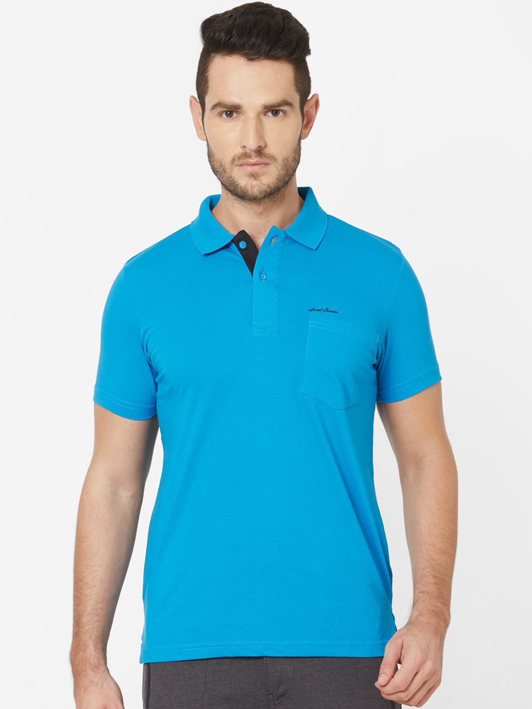 

Sweet Dreams Men Blue Solid Polo Collar Pure Cotton T-shirt